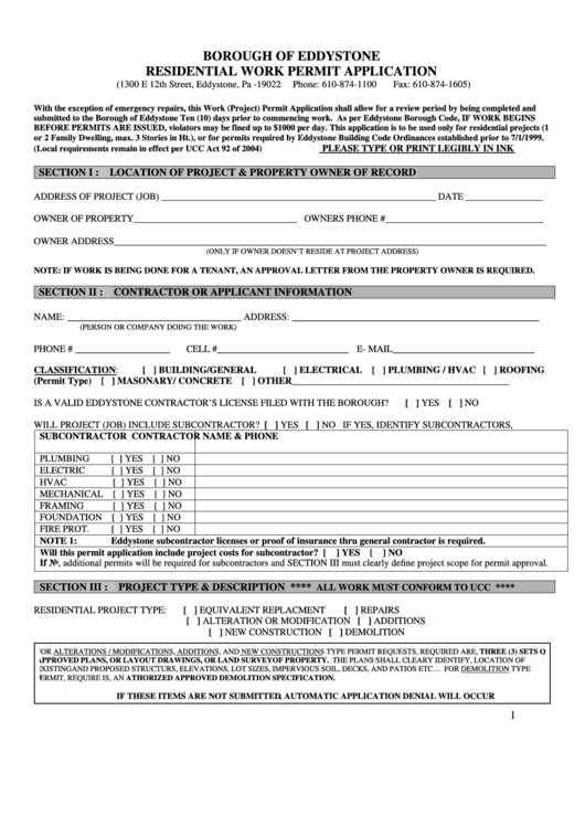 Residential Work Permit Application Form Printable pdf
