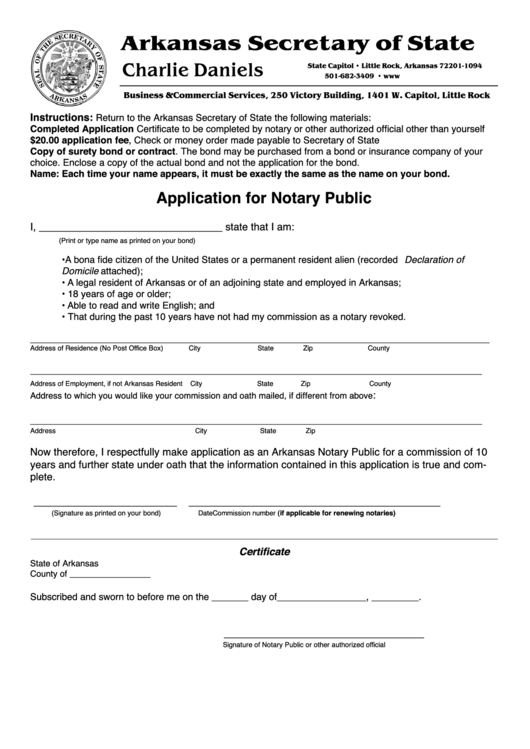 Application For Notary Public Form - Arkansas Secretary Of State Printable pdf