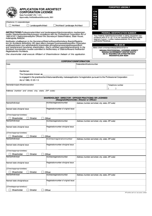 Fillable State Form 44867 - Application For Architect Corporation License - Indiana Printable pdf