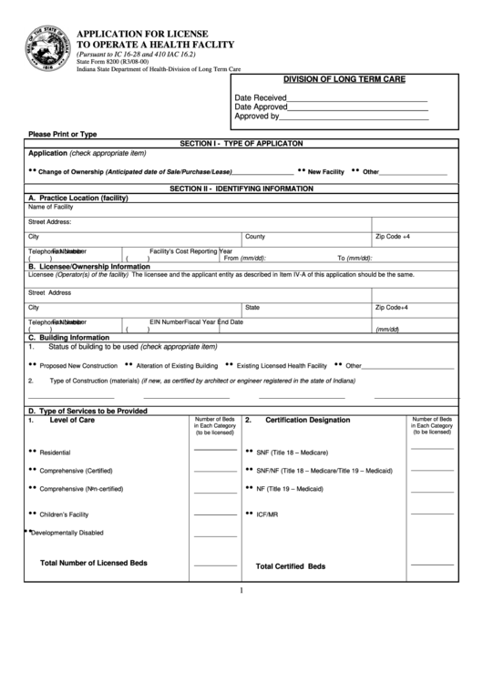 Fillable State Form 8200 - Application For License To Operate A Health Faclity - Indiana State Department Of Health Printable pdf