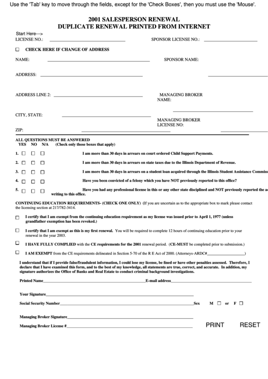 Fillable 2001 Salesperson Renewal Duplicate Renewal Printed From Internet Form - Illinois Printable pdf