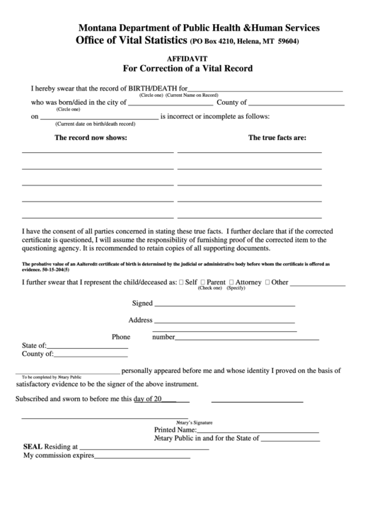 Affidavit For Correction Of A Vital Record Form Printable pdf
