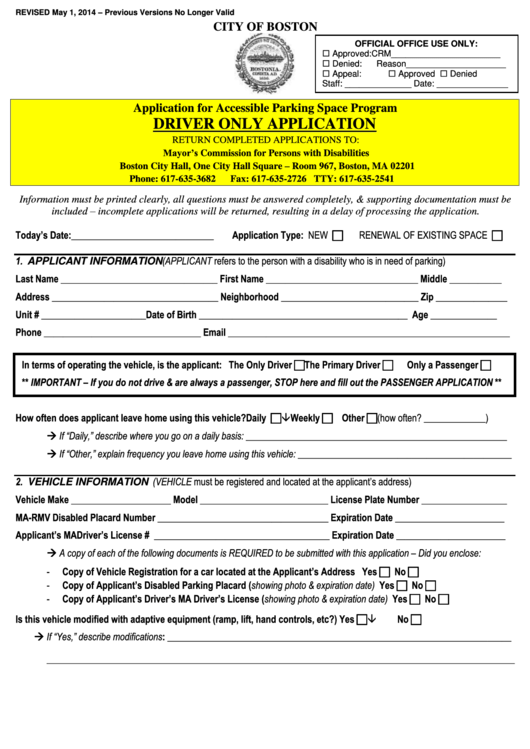 Application For Accessible Parking Space Program Driver Only Application Printable pdf