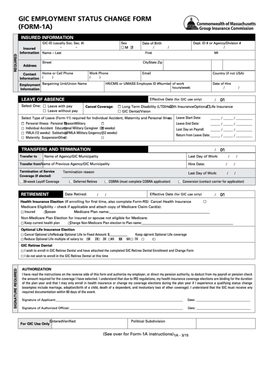 Fillable Form-1a - Gic Employment Status Change Form Printable pdf