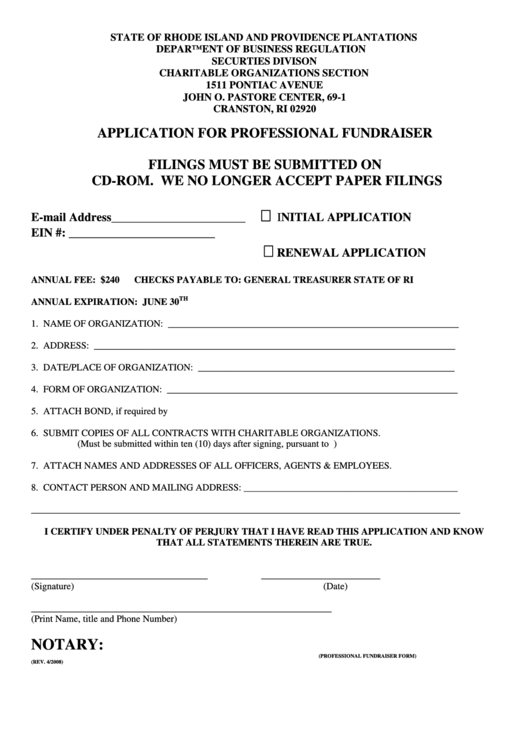 Application For Professional Fundraiser Form - Rhode Island Department Of Business Regulation Printable pdf