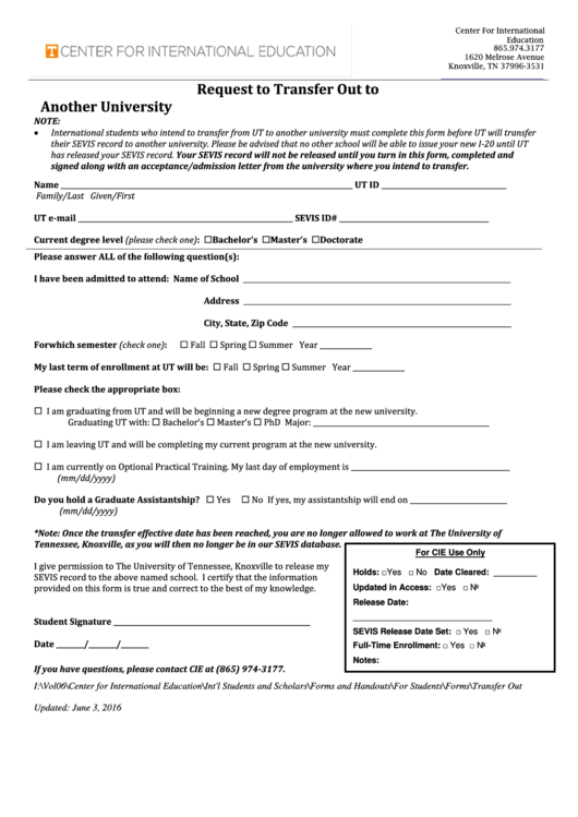 Fillable Request To Transfer Out To Another University Form Printable pdf