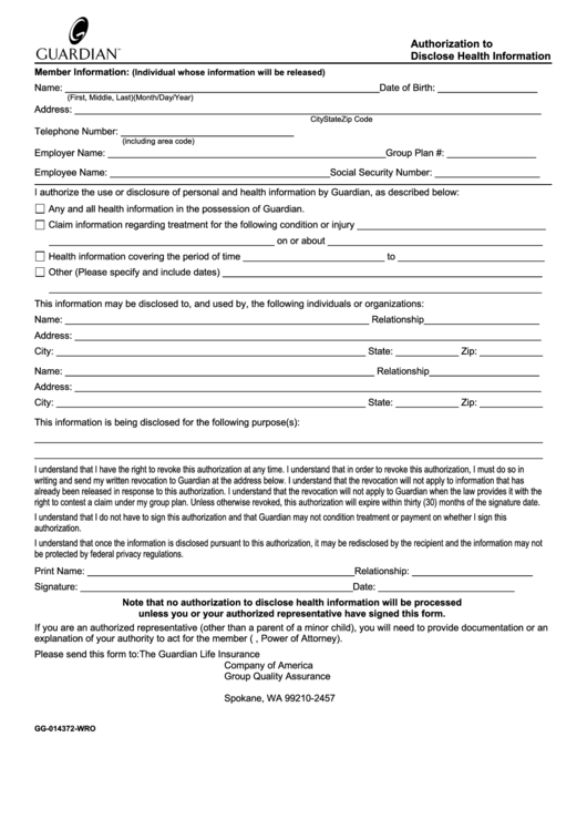 Form Gc-014372-Wro - Authorization To Disclose Health Information Printable pdf