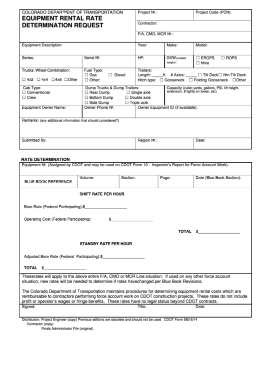 Fillable Form 580 6/14 - Equipment Rental Rate Determination Request Printable pdf
