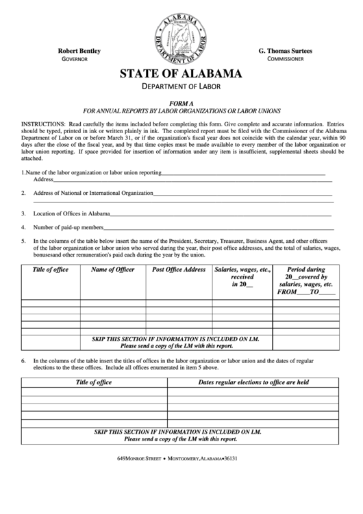 Form A For Annual Reports By Labor Organizations Or Labor Unions Printable pdf