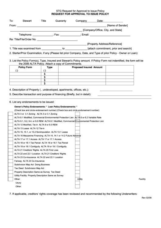 Request For Approval To Issue Policy Form Printable pdf