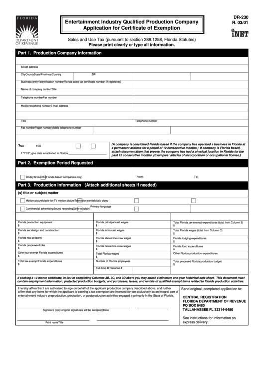 Form Dr 230 - Entertainment Industry Qualified Production Company Application For Certificate Of Exemption Printable pdf