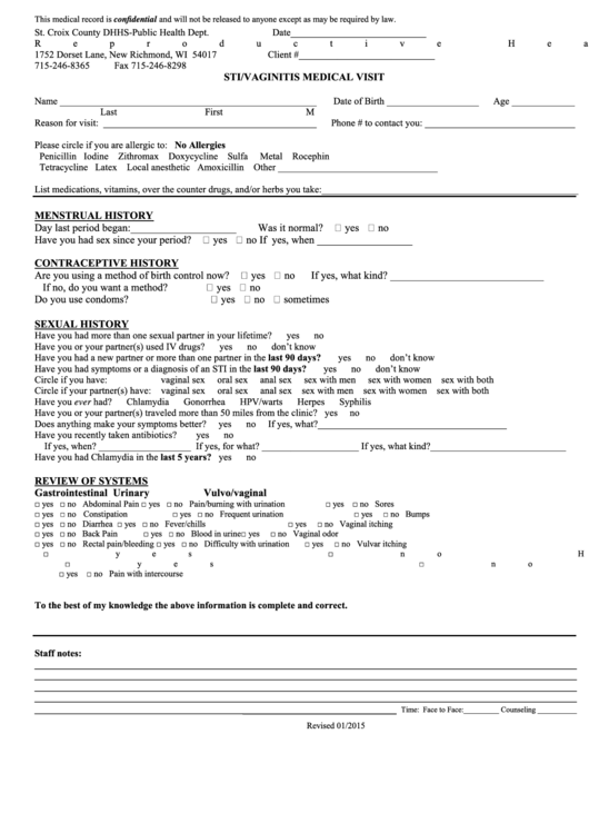 Sti/vaginitis Medical Visit Form printable pdf download