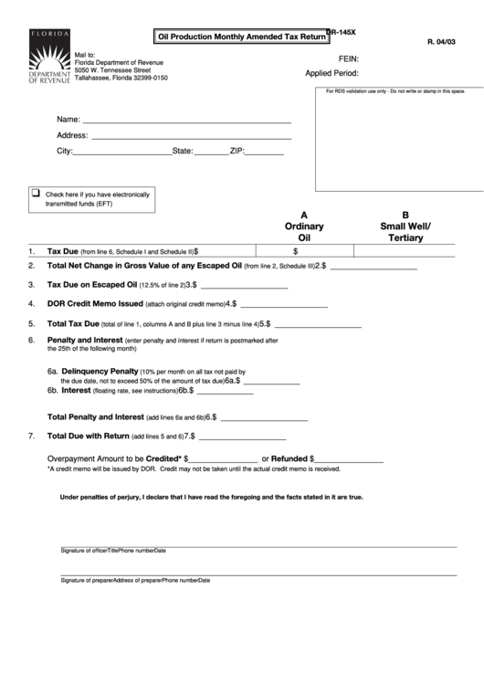 Form Dr 145x - Oil Production Monthly Amended Tax Return Printable pdf