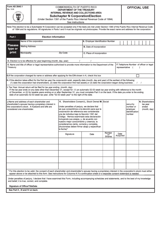Form As 2640.1 - Subchapter N Corporation Election - Puerto Rico Department Of Treasury Printable pdf