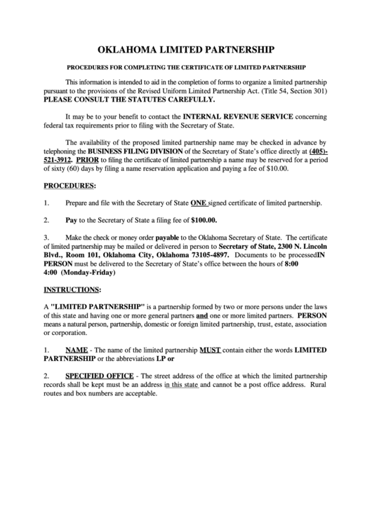 Sos Form 0043 - Oklahoma Limited Partnership Printable pdf