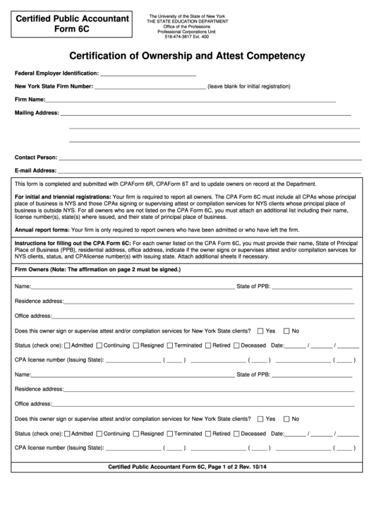 Cpa Form 6c - Certification Of Ownership And Attest Competency - New York The State Education Department Printable pdf