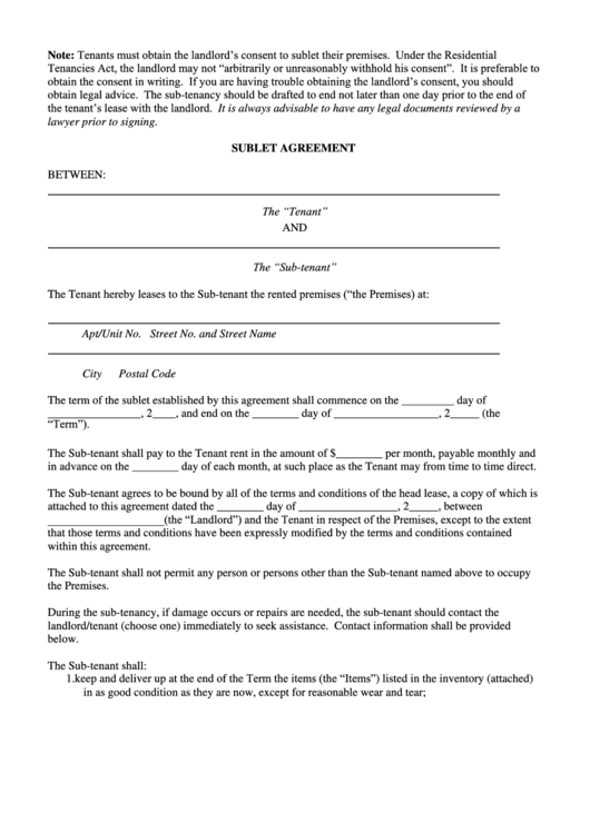 Sublet Agreement Form Printable pdf