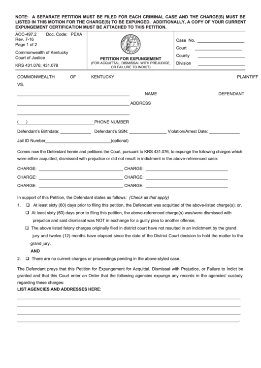 Fillable Petition For Expungement (For Acquittal, Dismissal With Prejudice, Or Failure To Indict) Form Printable pdf