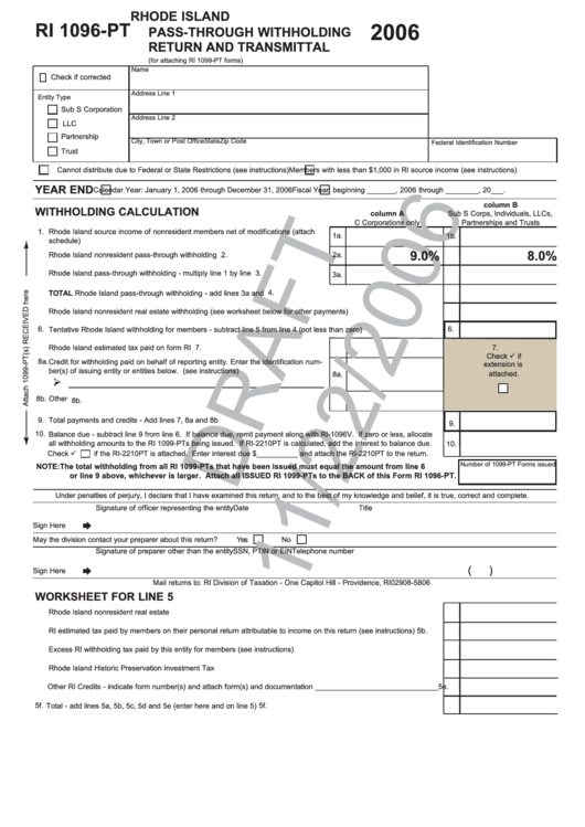 Form Ri 1096-Pt Draft - Sample Pass-Through Withholding Return And Transmittal 2006 - Rhode Island Printable pdf