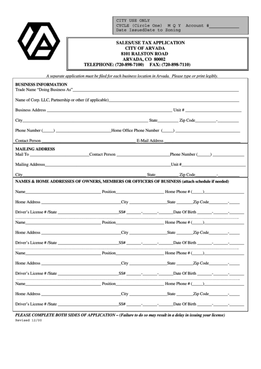 Sales use Tax Application Form City Of Arvada Printable Pdf Download