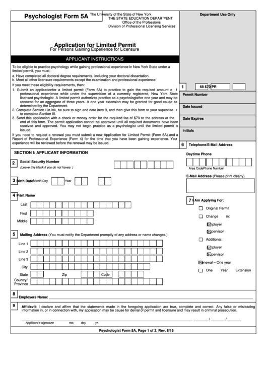 Psychology Form 5a - Application For Limited Permit - New York The State Education Department Printable pdf