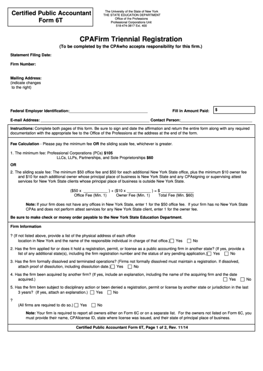 Cpa Form 6t - Cpa Firm Triennial Registration - New York The State Education Department Printable pdf
