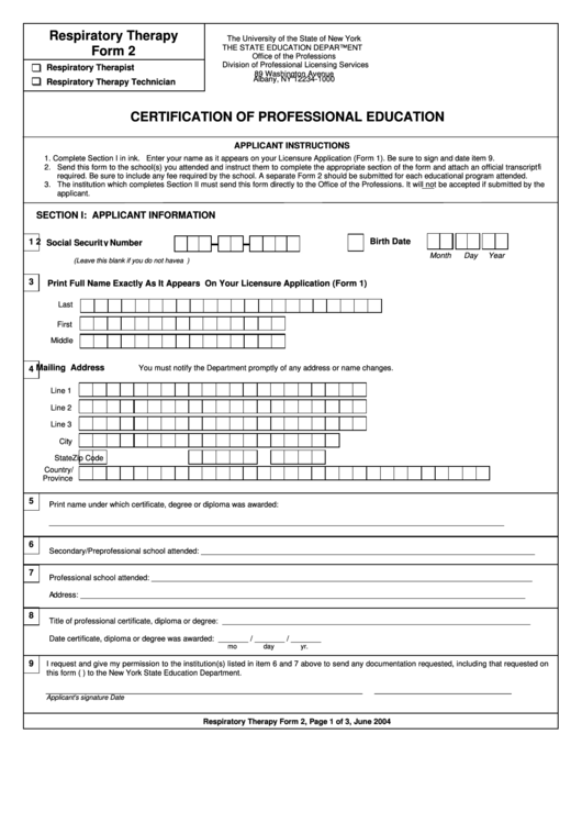 Respiratory Therapy Form 2 - Certification Of Professional Education - New York The State Education Department Printable pdf