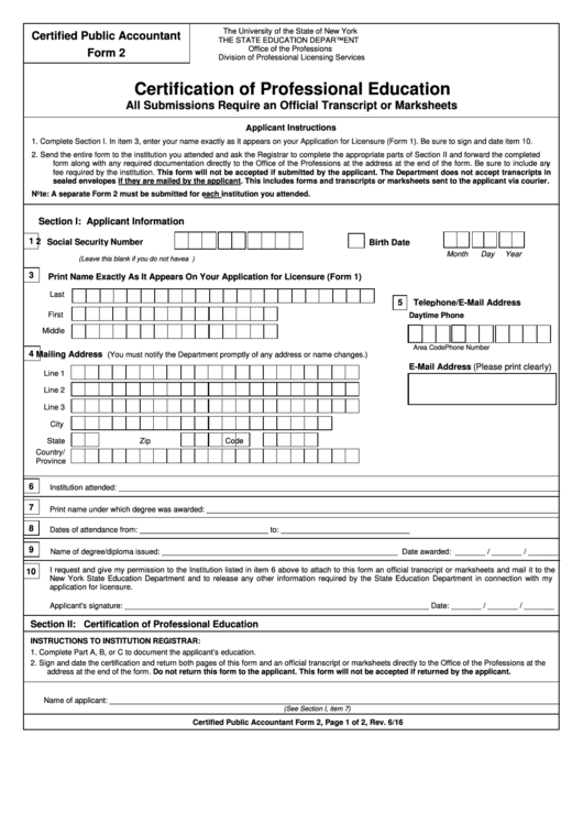 Cpa Form 2 - Certification Of Professional Education - New York The State Education Department Printable pdf