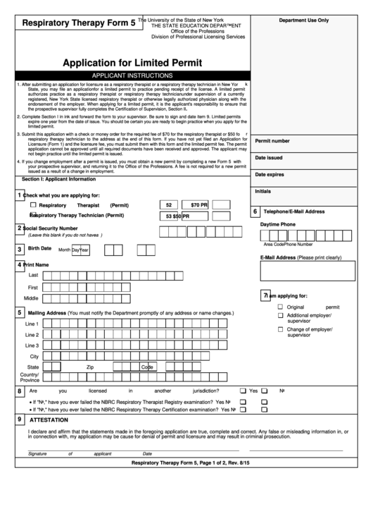 Respiratory Therapy Form 5 - Application For Limited Permit - New York The State Education Department Printable pdf
