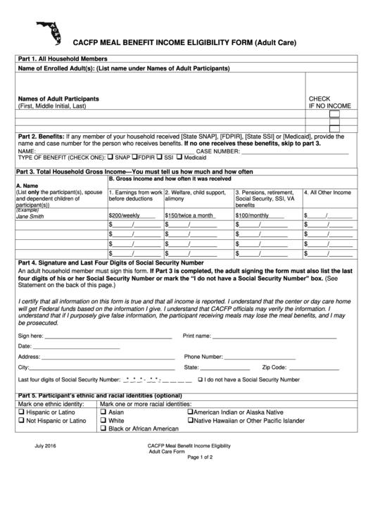 Cacfp Meal Benefit Income Eligibility Form (adult Care) - 2016