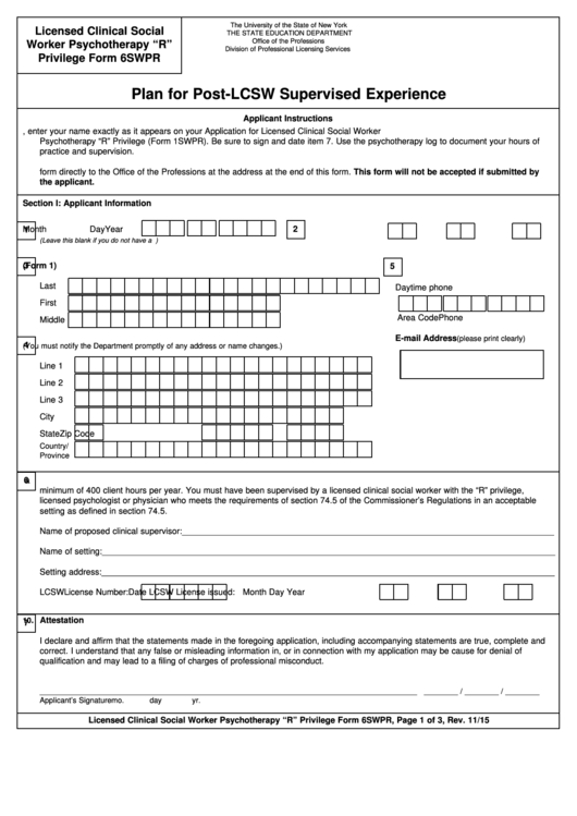 Licensed Clinical Social Worker Psychotherapy "R" Privilege Form 6swpr - Plan For Post-Lcsw Supervised Experience Printable pdf