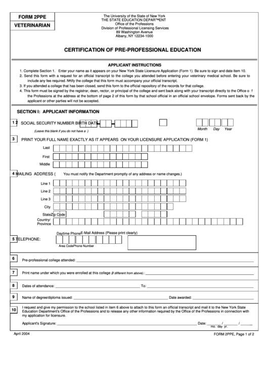 Veterinary Medicine Form 2ppe - Certification Of Pre-Professional Education - New York The State Education Department Printable pdf