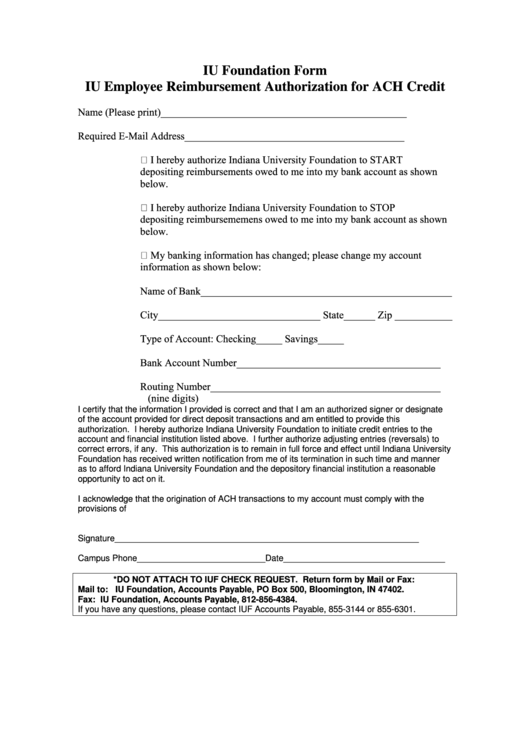 Iu Employee Reimbursements Authorization For Ach Credit Form Printable pdf