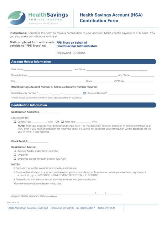Health Savings Account (Hsa) Contribution Form Printable pdf