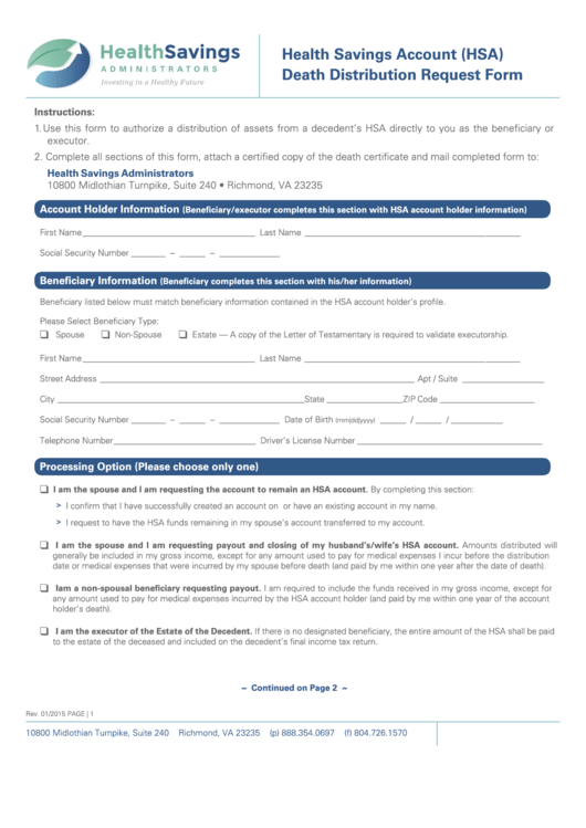 Health Savings Account (Hsa) Death Distribution Request Form Printable pdf