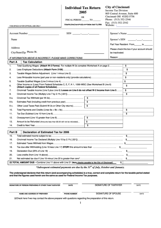 Individual Tax Return - City Of Cincinnati - 2005 printable pdf download