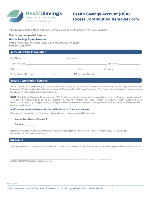 Health Savings Account (Hsa) Excess Contribution Removal Form Printable pdf