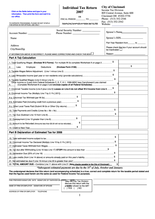 Fillable Individual Tax Return - City Of Cincinnati - 2007 Printable pdf