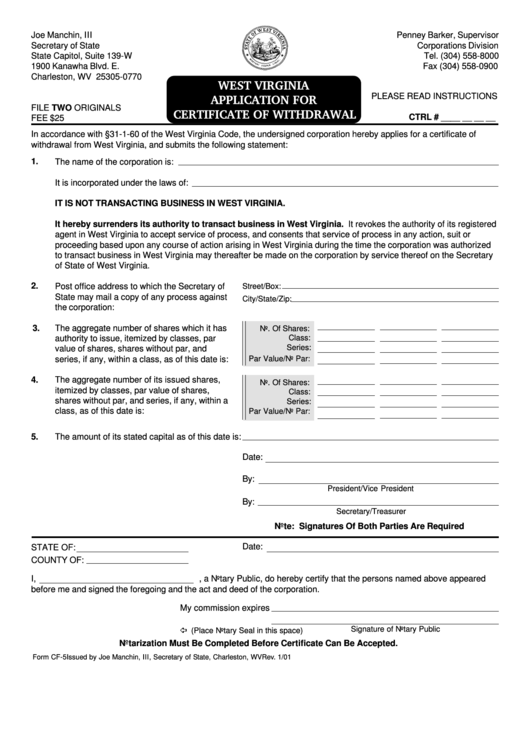 Form Cf-5 - Application For Certificate Of Withdrawal Form - West Virginia Secretary Of State Printable pdf