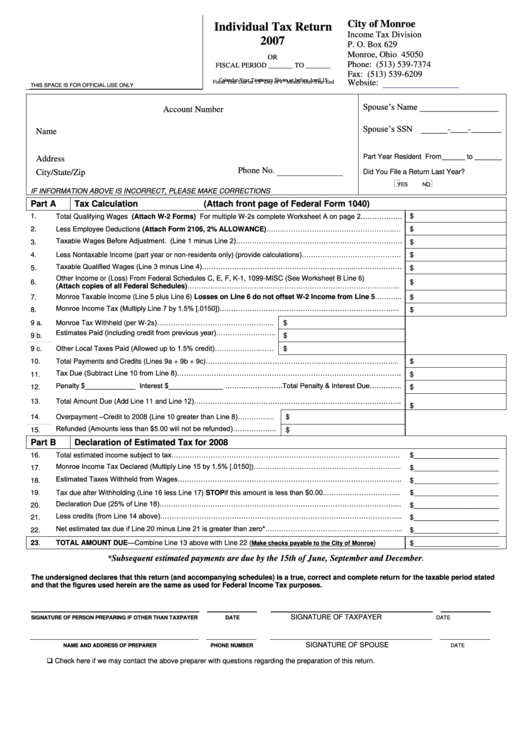 Individual Tax Return Form - City Of Monroe - 2007 Printable pdf
