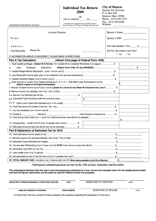 Individual Tax Return Form - City Of Monroe - 2009 Printable pdf
