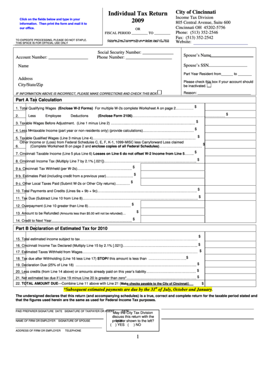 Fillable Individual Tax Return - City Of Cincinnati - 2009 Printable pdf