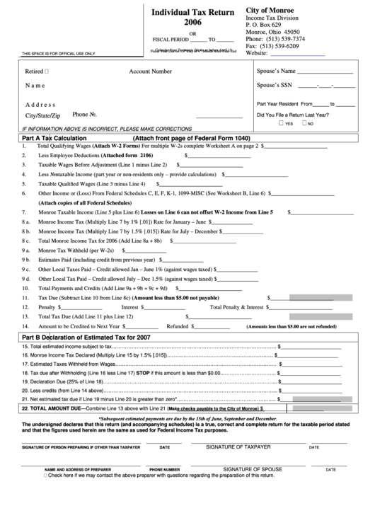 individual-tax-return-form-city-of-monroe-2006-printable-pdf-download