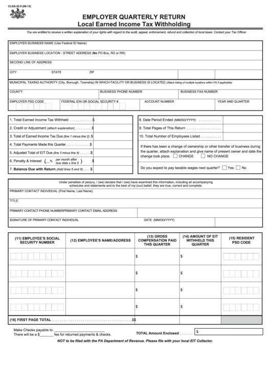 Fillable Form Clgs-32-5 - Employer Quarterly Return Local Earned Income Tax Withholding - 2013 Printable pdf