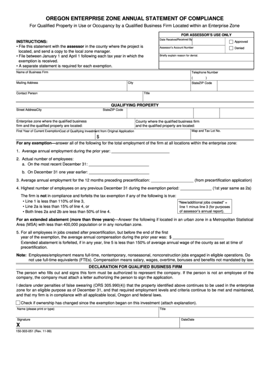 Form 150-303-051 - Oregon Enterprise Zone Annual Statement Of Compliance Printable pdf