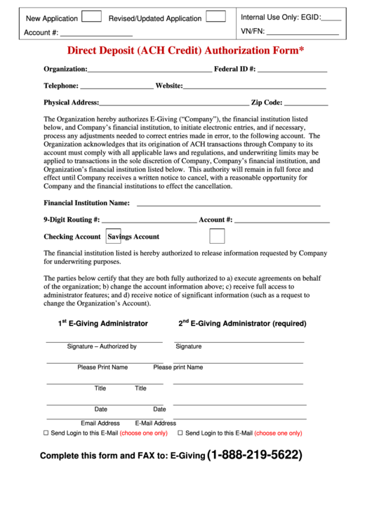 Direct Deposit (Ach Credit) Authorization Form Printable pdf