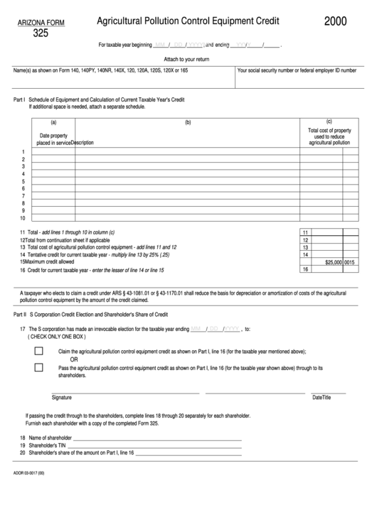 Arizona Form 325 - Agricultural Pollution Control Equipment Credit - 2000 Printable pdf