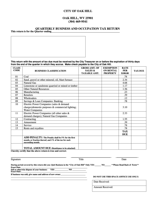 Quarterly Business And Occupation Tax Return Form - City Of Oak Hill Printable pdf