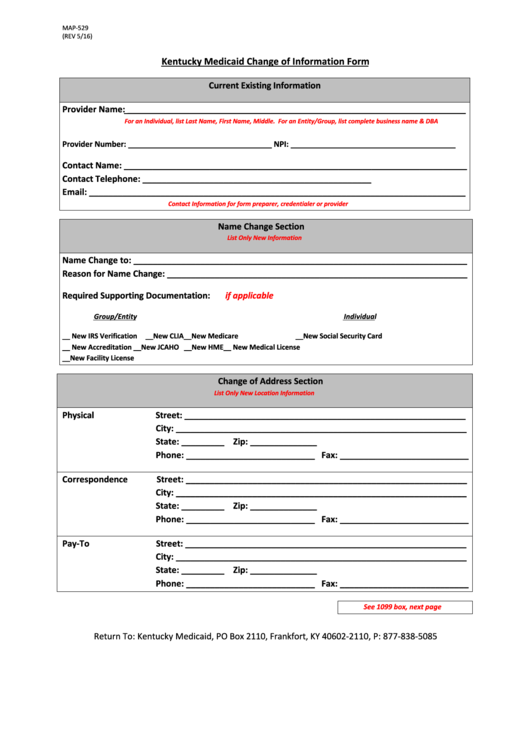 Fillable Form Map-529 - Kentucky Medicaid Change Of Information Form Printable pdf