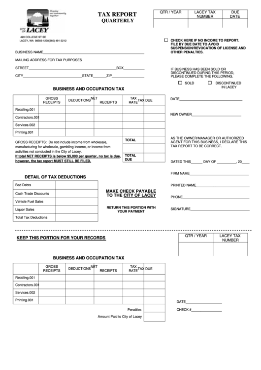 Quarterly Tax Report Form - Lacey, Washington Printable pdf